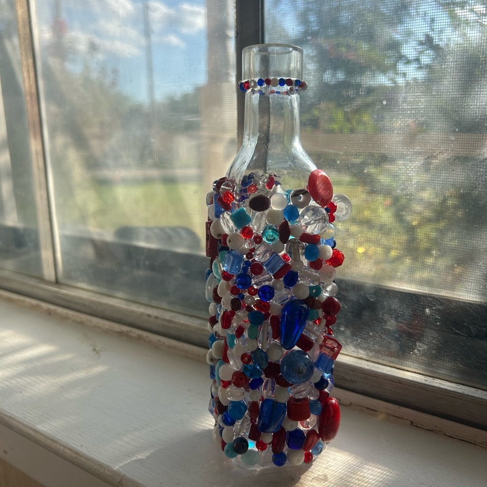 Patriotic Beaded Glass Art Bottle - Picture 3 of 7